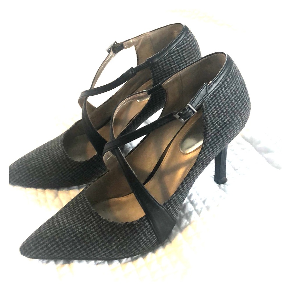 Alfani Women's Black Tweed Pointed Toe Heels with Cross Strap